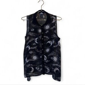 Hot Topic XS Celestial Sun Moon Eye Sheer Sleeveless Button Front Top